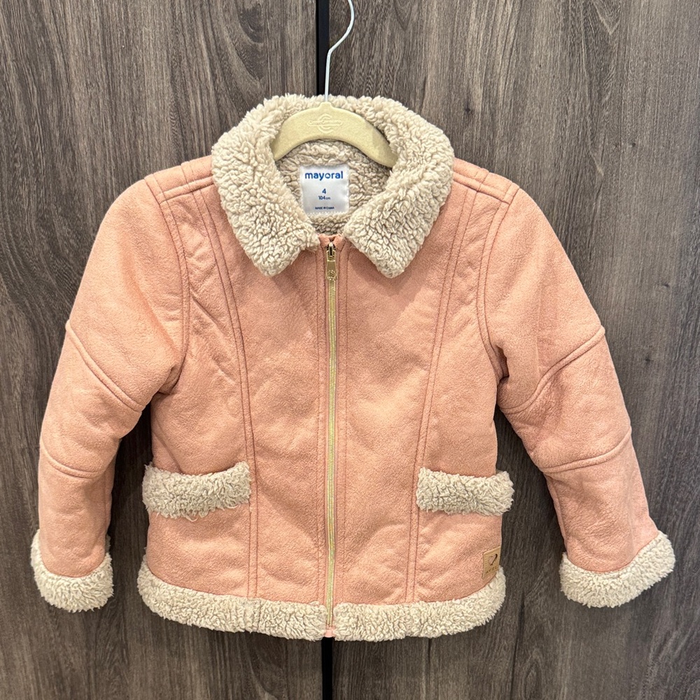 Mayoral Blush Pink Fleece Lined Jacket with Cream Accents Size 4